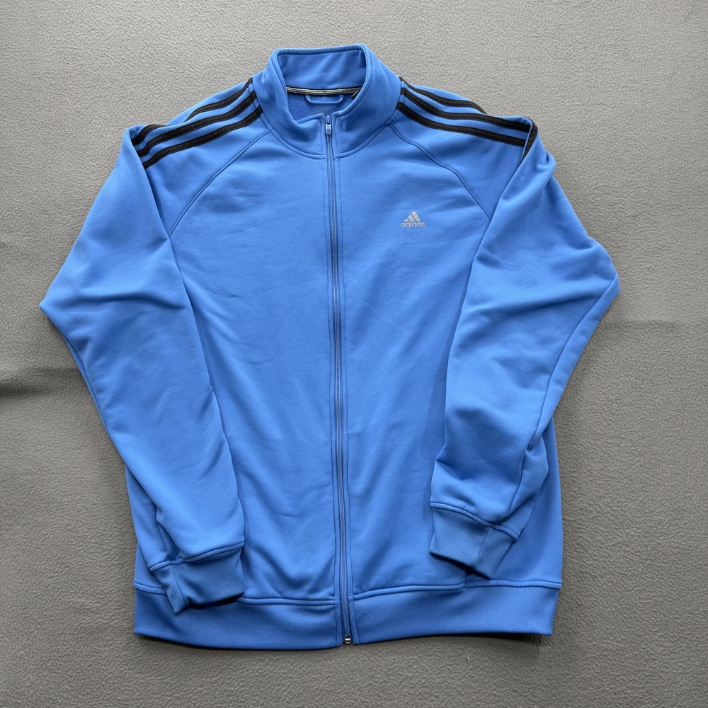 Adidas Track Jacket Mens 2XL Blue 3-Stripes Full Zip Stand Collar Athletic